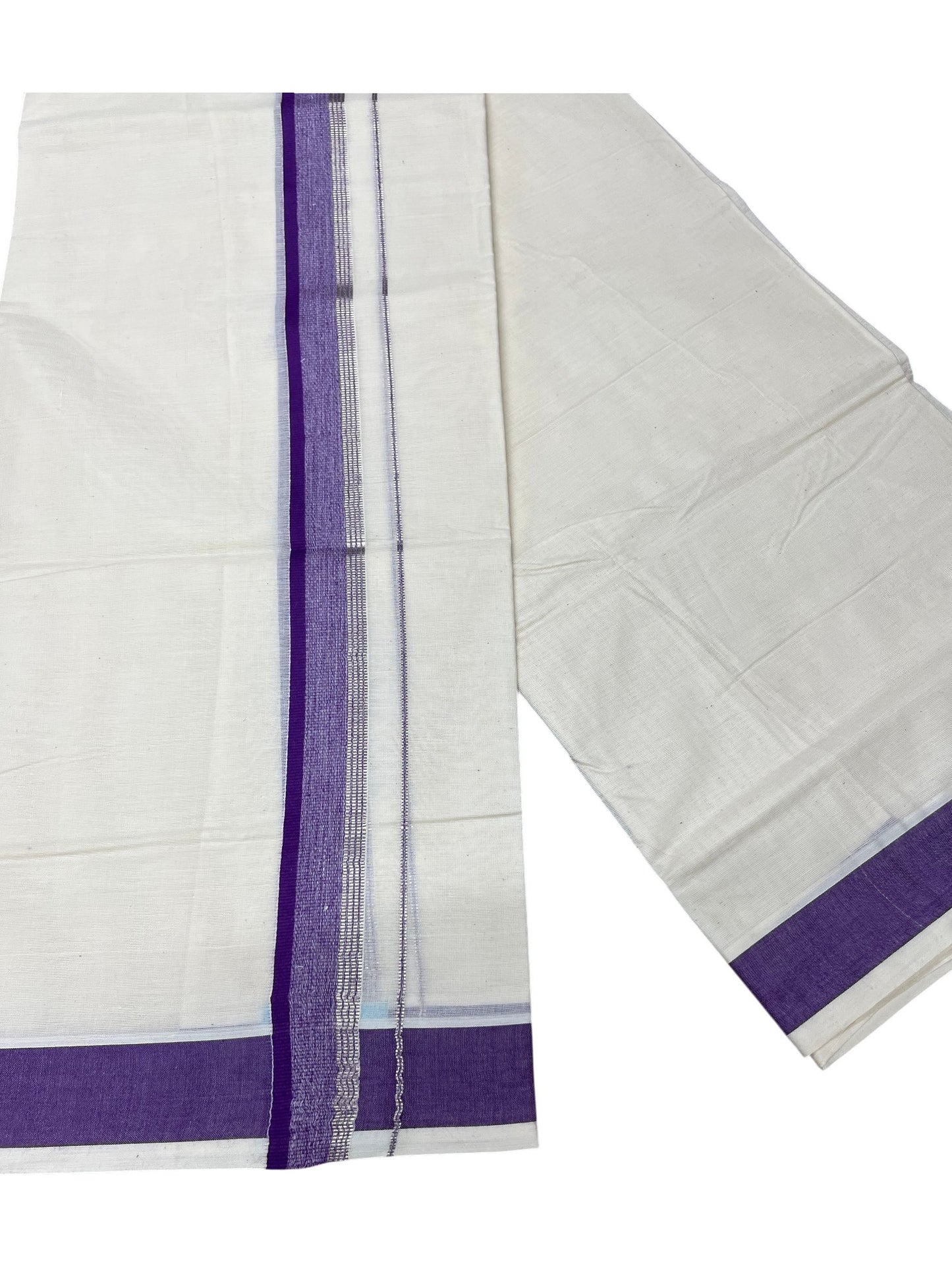 Southloom Pure Cotton Mundu with Silver Lines and Voilet Border (South Indian Kerala Dhoti)