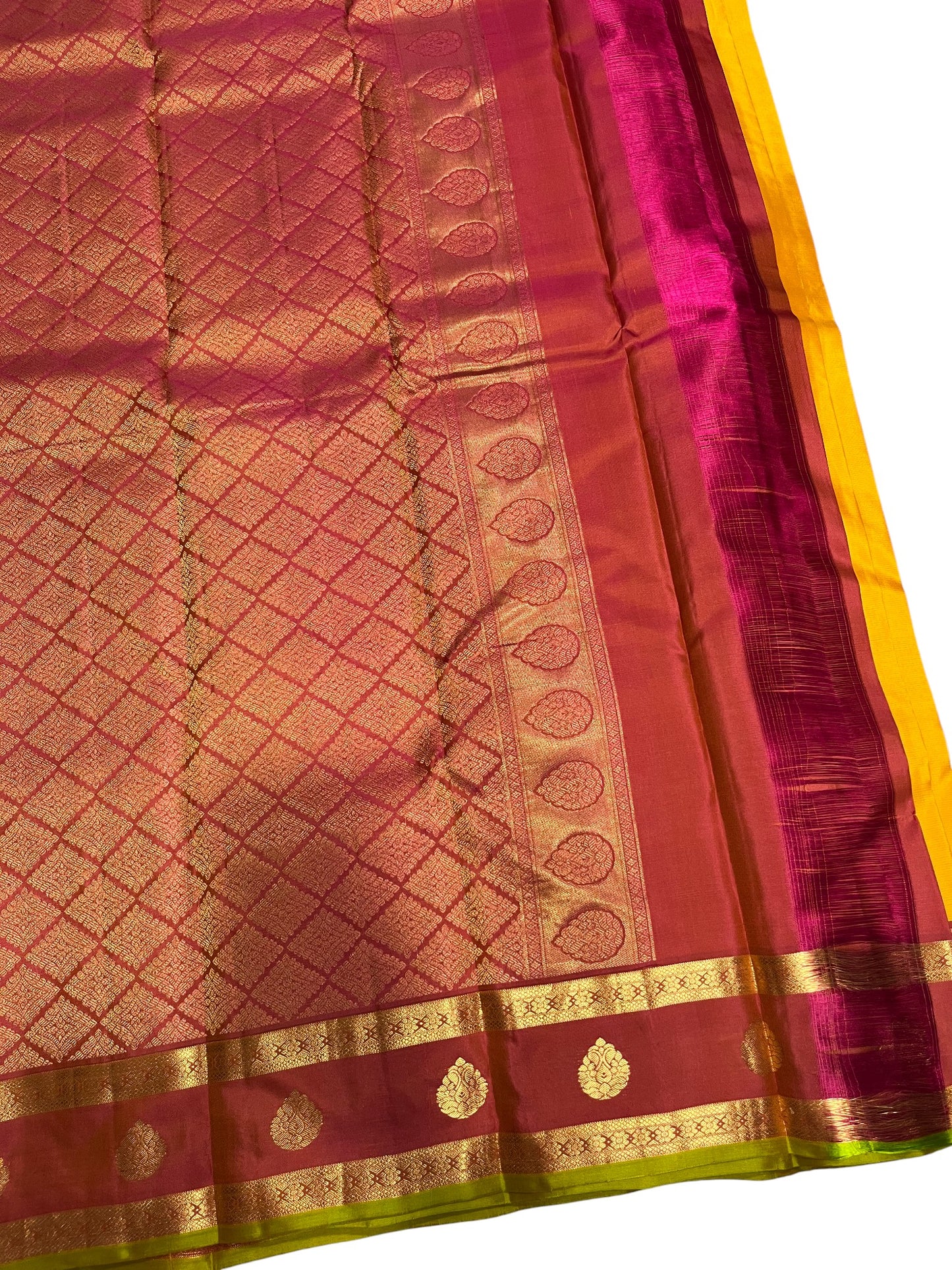 Southloom Premium Bridal Handloom Kanchipuram Silk Saree With Korvai Works (Yellow & Maroon)