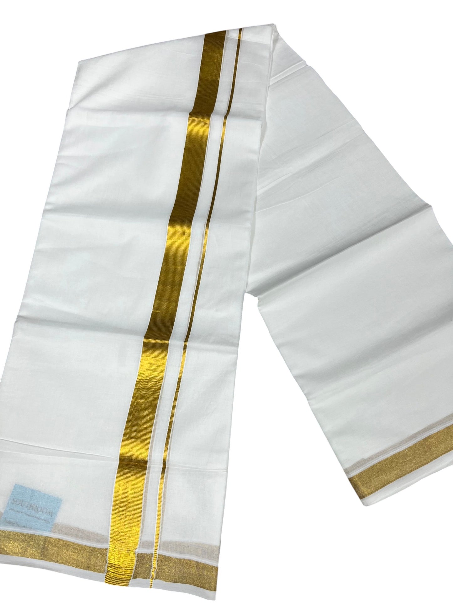 Southloom Pure White Cotton Mundu with Gold Kasavu Border (South Indian Kerala Dhoti)