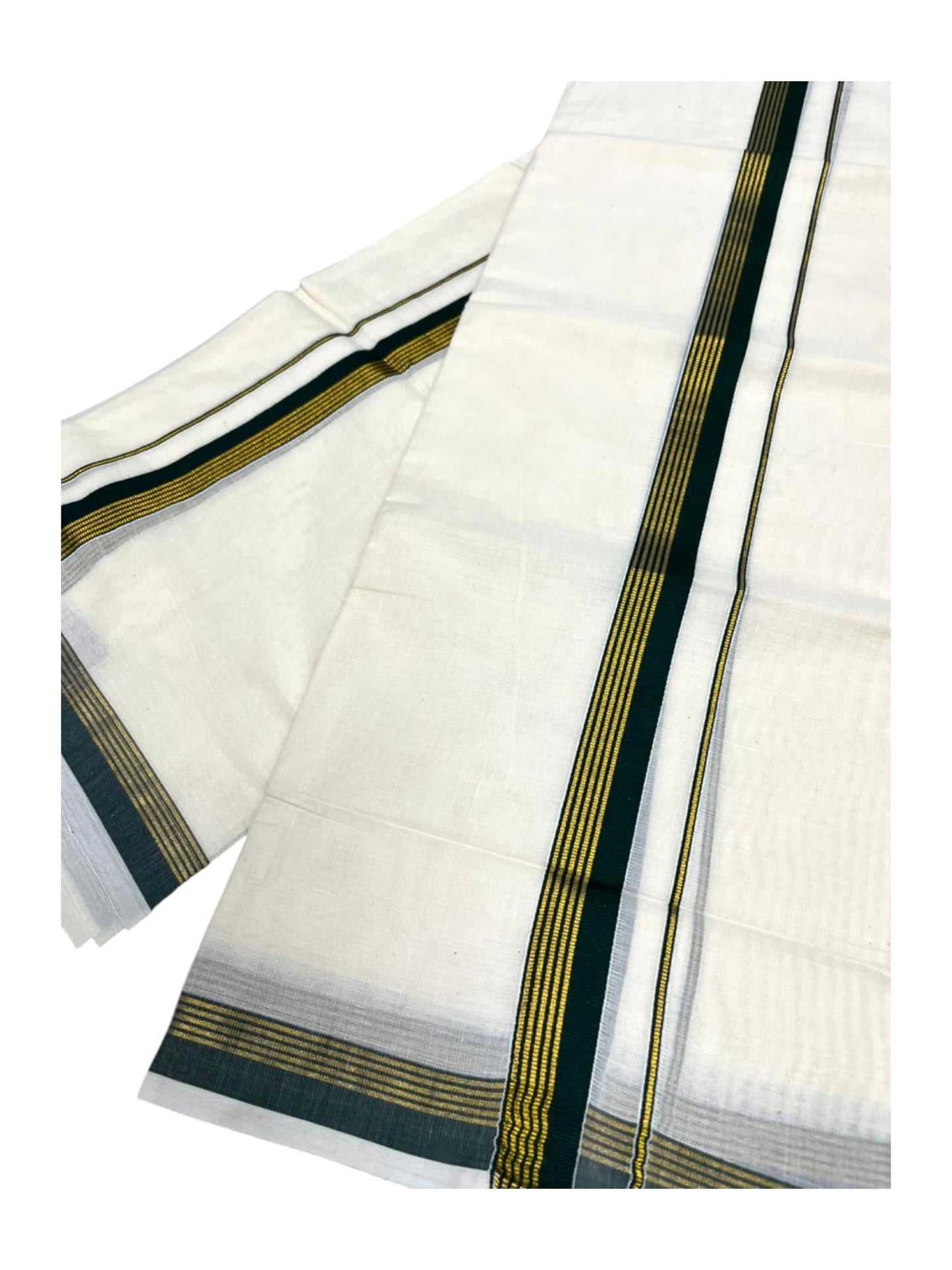 Pure Cotton Kerala Single Set Mundu (Mundum Neriyathum) with Green Kasavu Border in 2.80 Mtrs