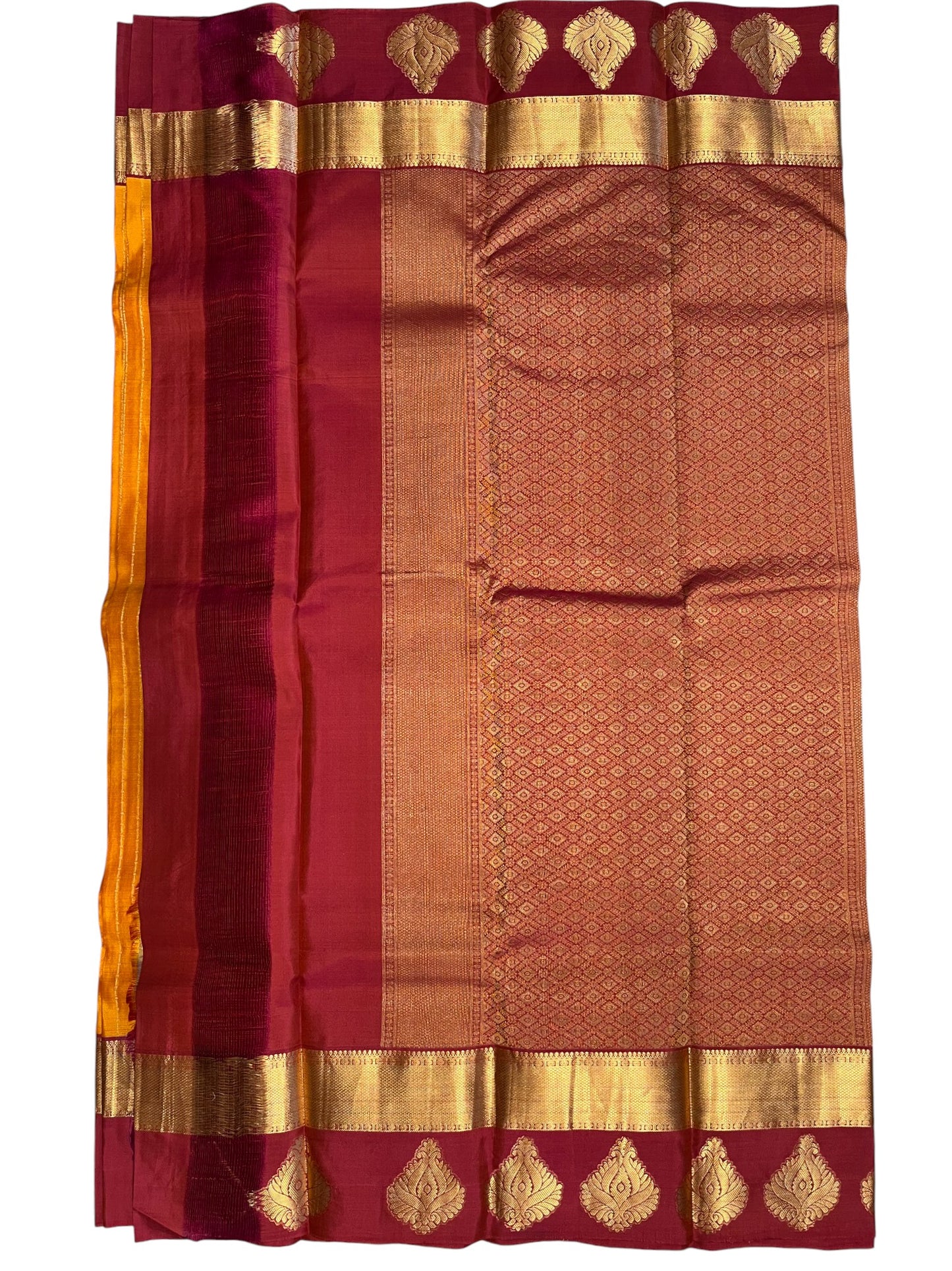 Southloom Pure Handloom Bridal Kanchipuram Silk Saree with Korvai Work (Yellow & Maroon)
