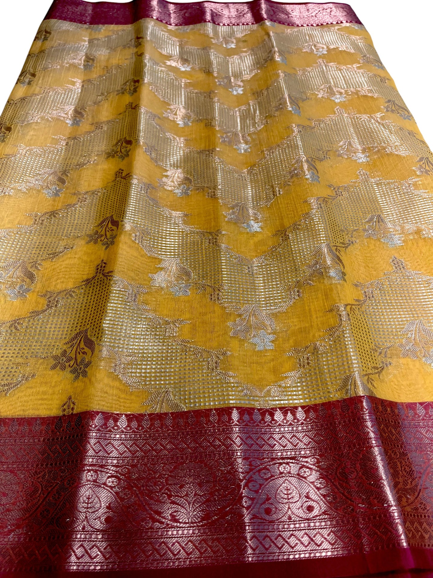 Southloom Tissue Banarasi Silk Saree with Woven Work on Body and Borders (Yellow & Magenta)
