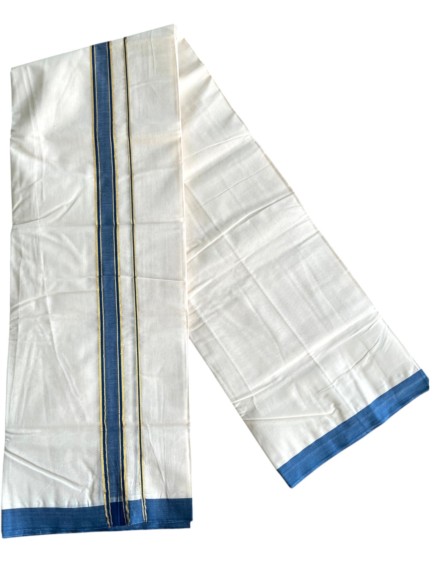 Southloom Pure Cotton Mundu with Golden Lines and Blue Border (South Indian Kerala Dhoti)
