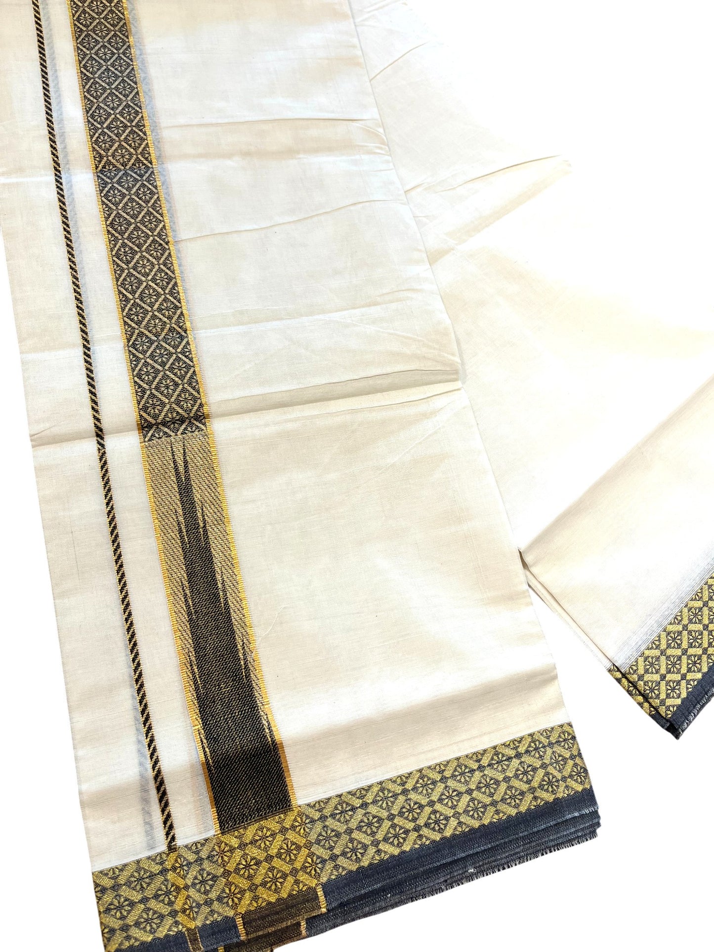 Southloom Kerala Pure Cotton Double Mundu with Kasavu Kara and Black Border (South Indian Dhoti)