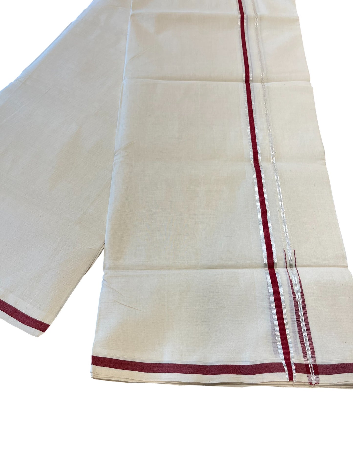 Southloom Premium Handloom Cotton Double Mundu with Silver and Red Chutti Kara Border