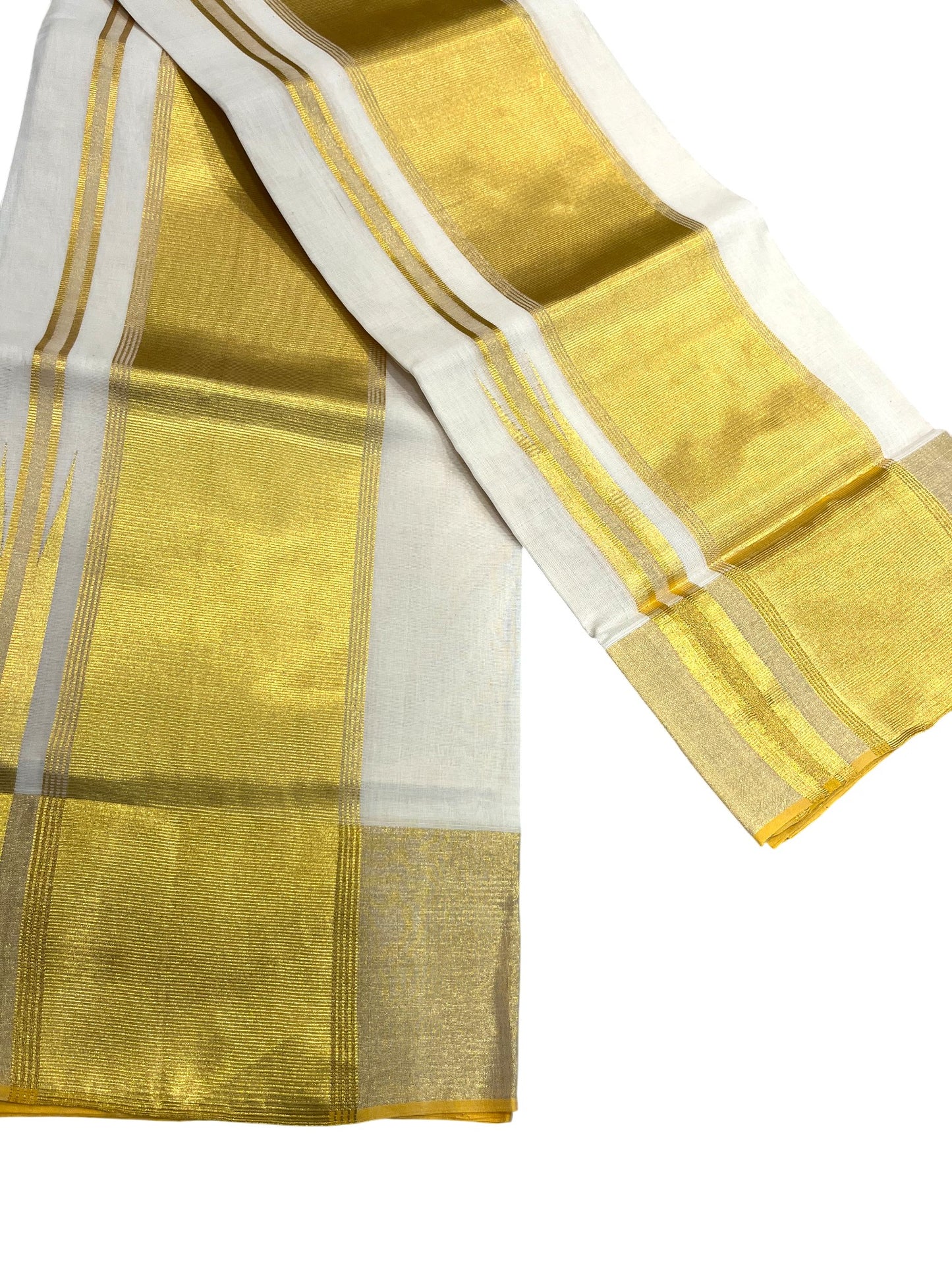 Southloom Premium Handloom Cotton Set Mundu (Mundum Neriyathum) with Kasavu and Green Lines Border 2.80 Mtrs