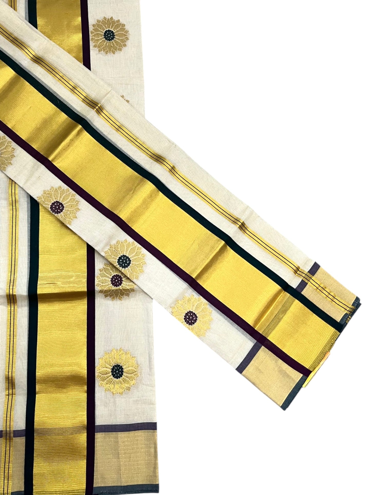 Southloom Premium Tissue Handloom Set Mundu with Green & Purple Butta Desgin And Gold Kasavu Border (2.80 Mtr) SL632