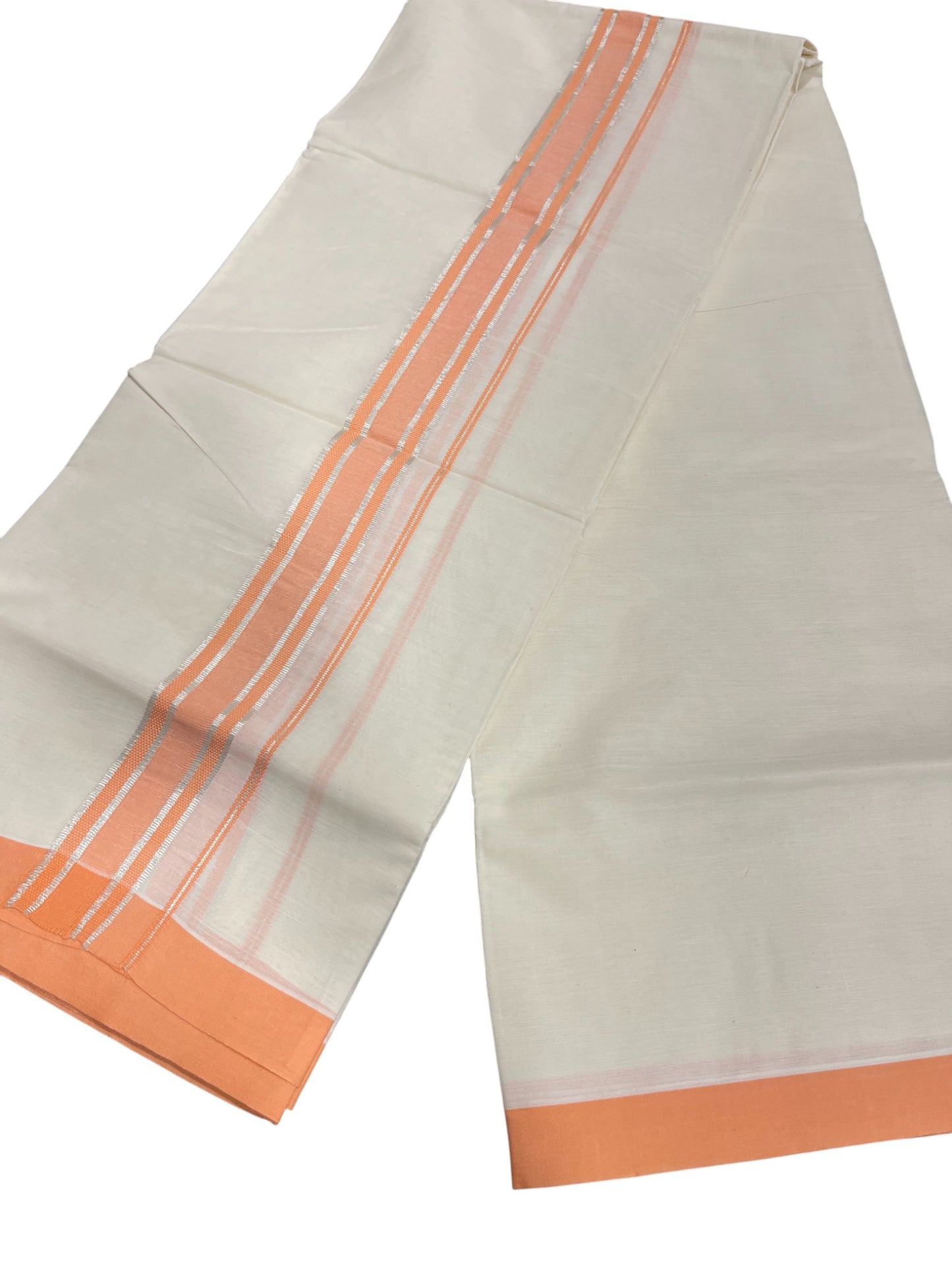 Southloom Kerala Pure Cotton Double Mundu with Silver Lines & Peach Border (South Indian Dhoti)