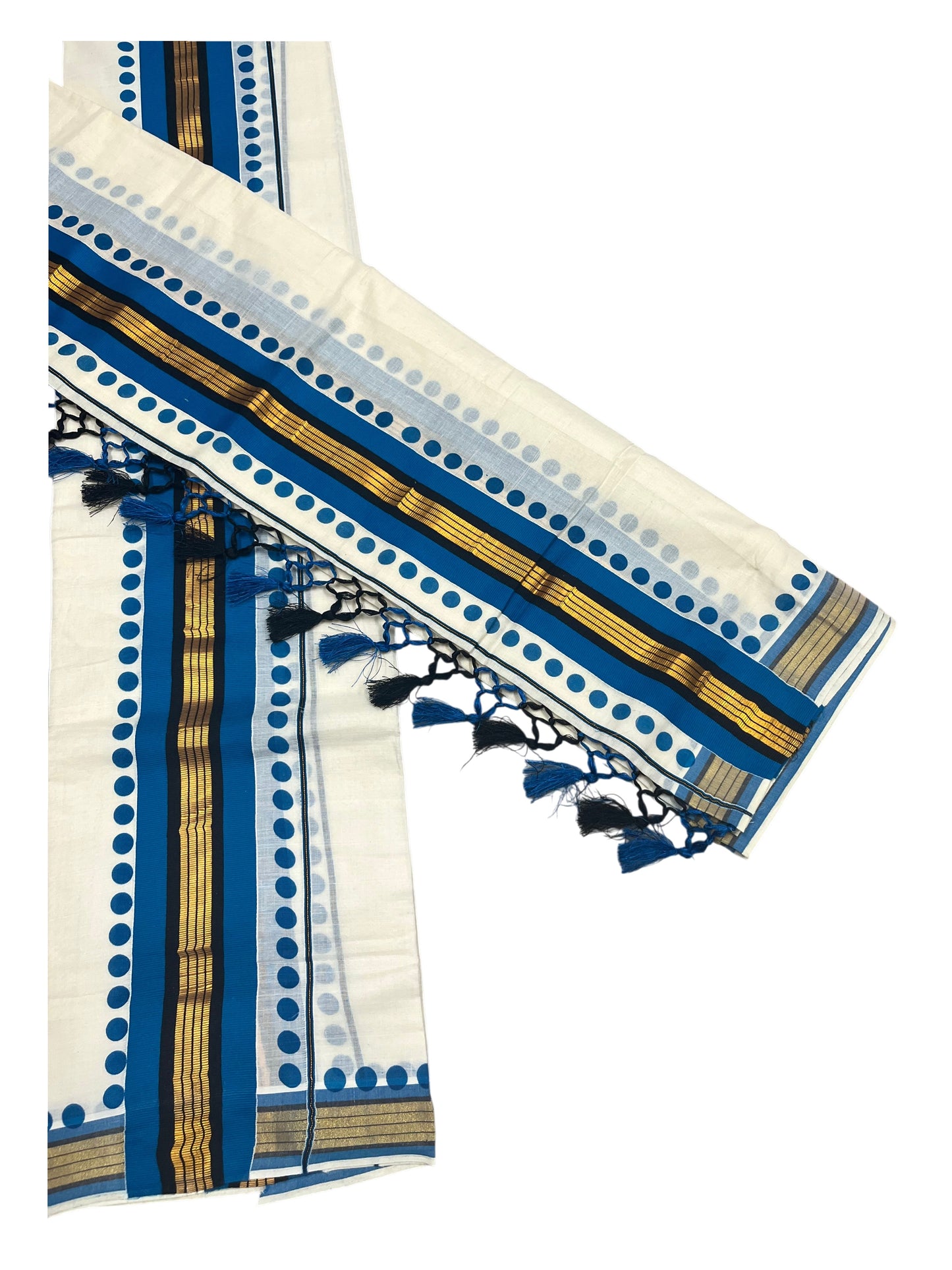 Southloom Kerala Cotton Kasavu Single Set Mundu (Mundum Neriyathum) with Blue Border With Polka Dots SLKK