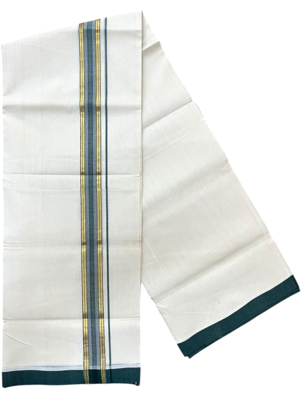 Southloom Balaramapuram Unakkupaavu Premium Handloom Cotton Double Mundu with Gold Kasavu and Green Border