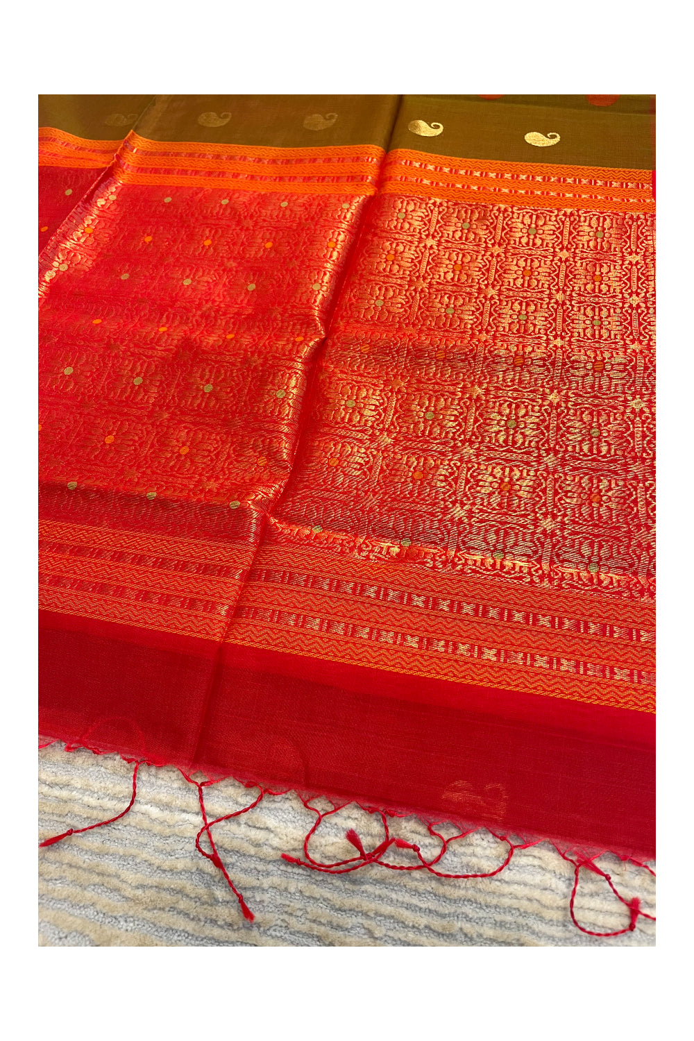 Southloom Pure Handloom Cotton Silk Saree With Handwoven Work Across Body and Blouse in Brown And Red
