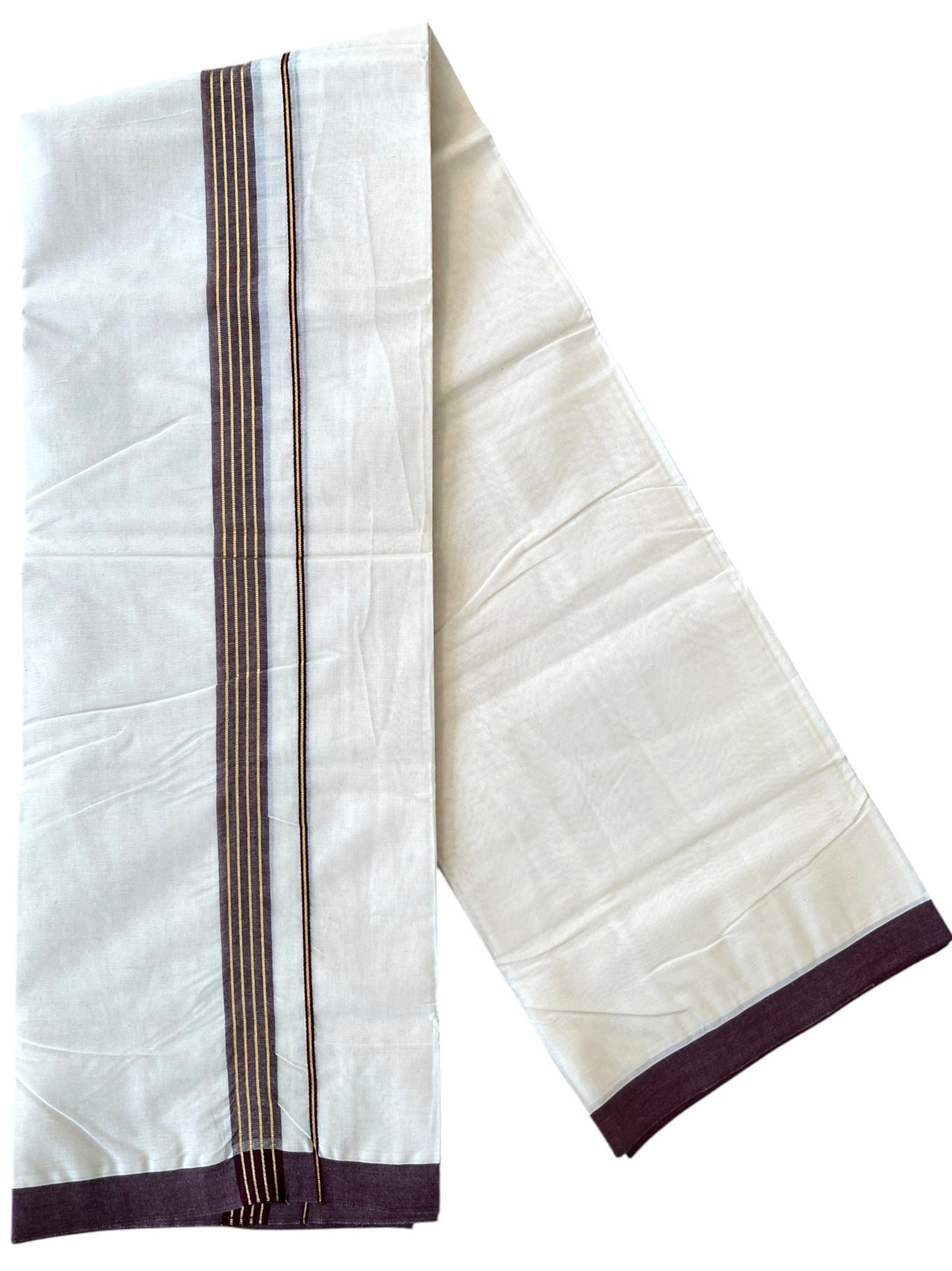 Southloom Pure Cotton Mundu with Golden Lines and Purple Border (South Indian Kerala Dhoti)