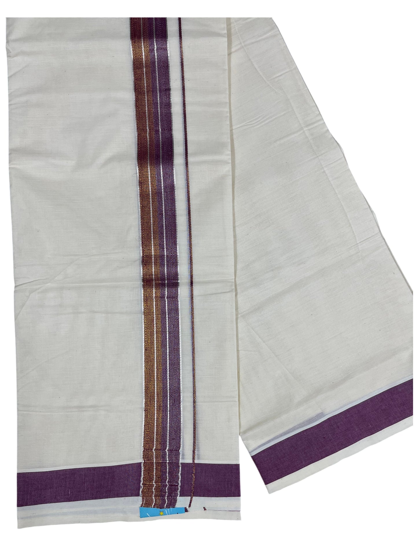 Southloom Pure Cotton Mundu with Silver Lines and Maroon&Purple Border (South Indian Kerala Dhoti)