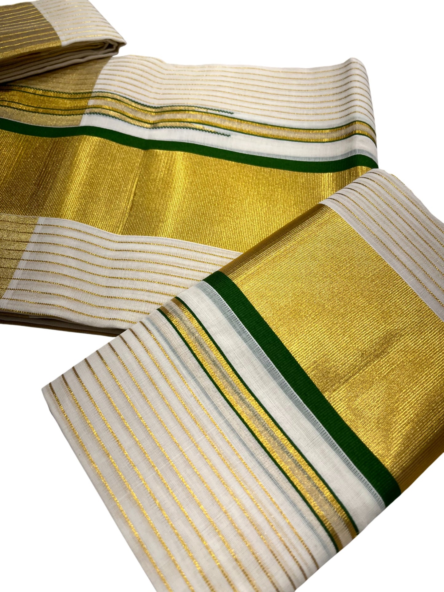Southloom Premium Handloom Cotton Set Mundu with Kasavu and Green Border (2.80 Mtr)