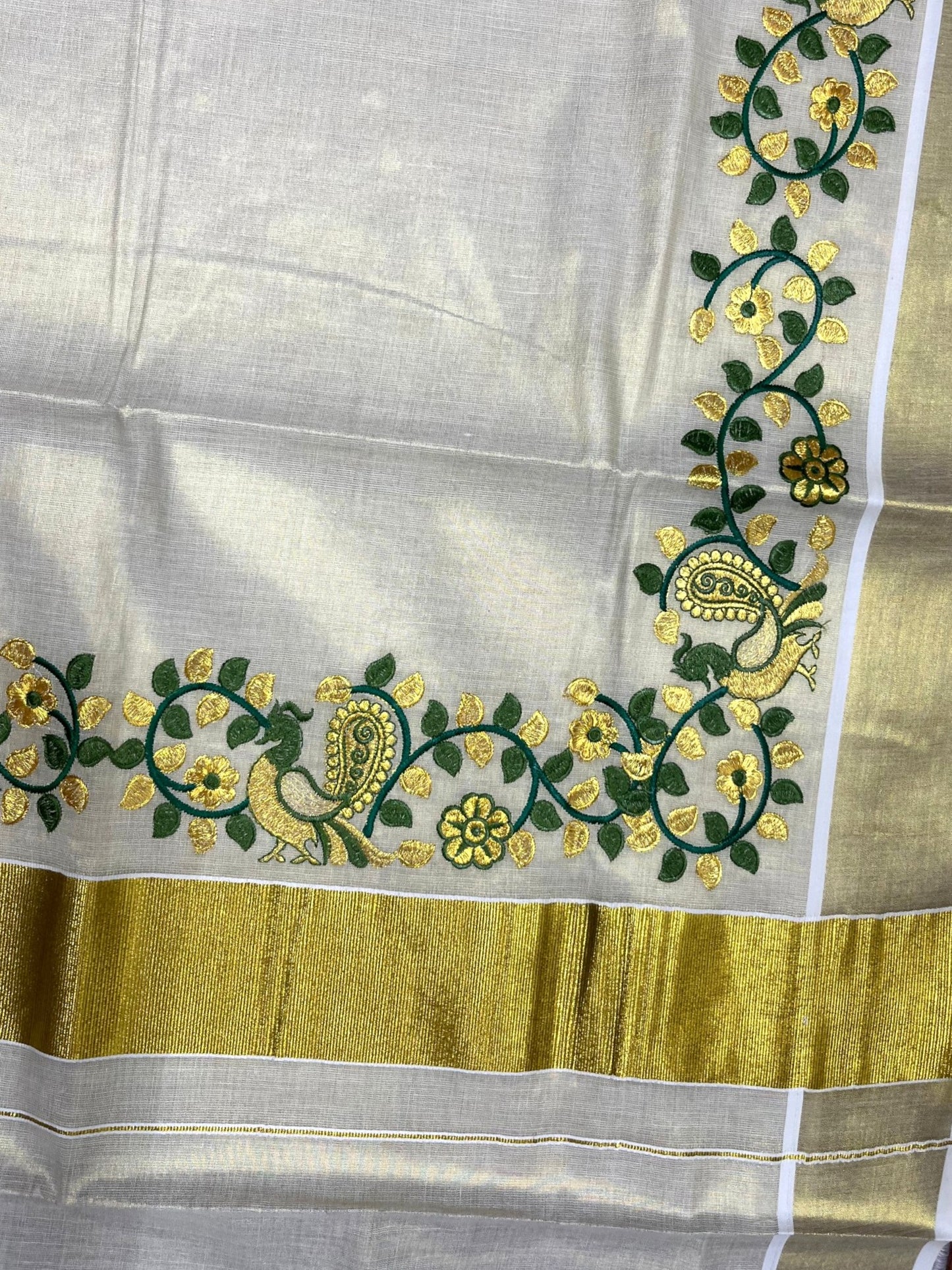 Southloom Kerala Tissue Kasavu Saree with Green And Golden Peacock Embroidery Works
