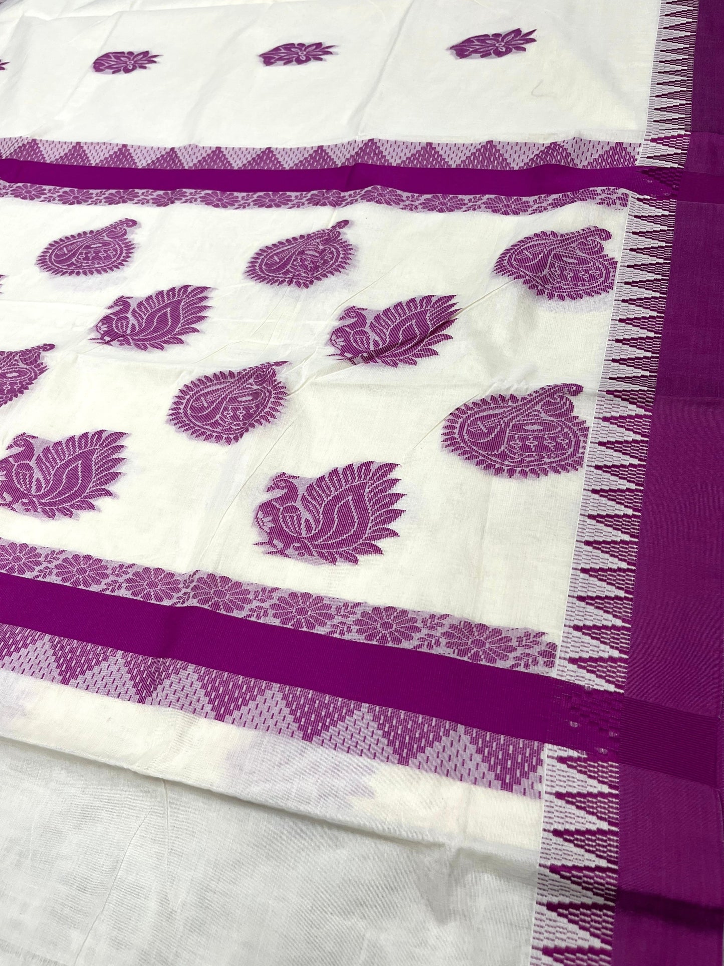Southloom Pure Cotton Kerala Saree with Voilet Heavy Woven Designs and Temple Border
