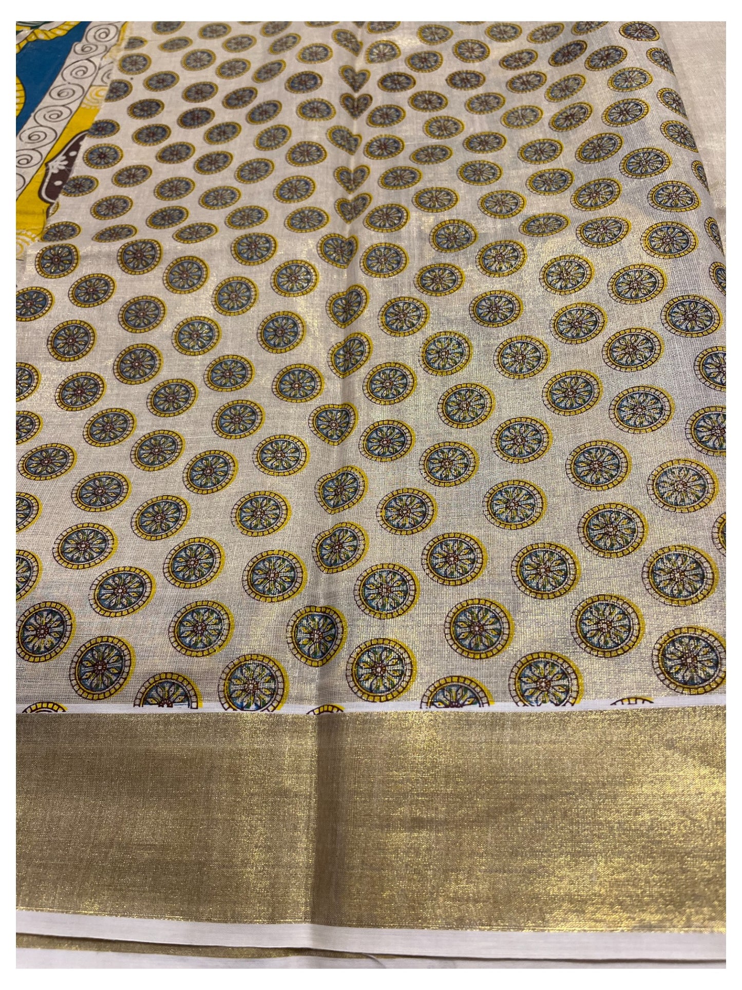 Southloom Kerala Tissue Kasavu Saree with Brown and Blue Hand Printed