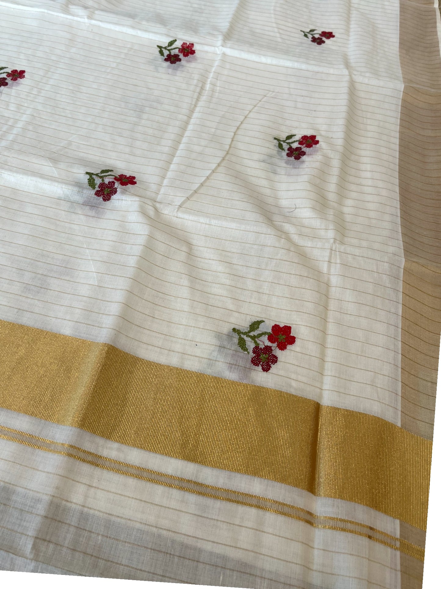 Southloom Kerala Cotton Kasavu Stripes Saree with Red and Maroon Floral Embroidery Work