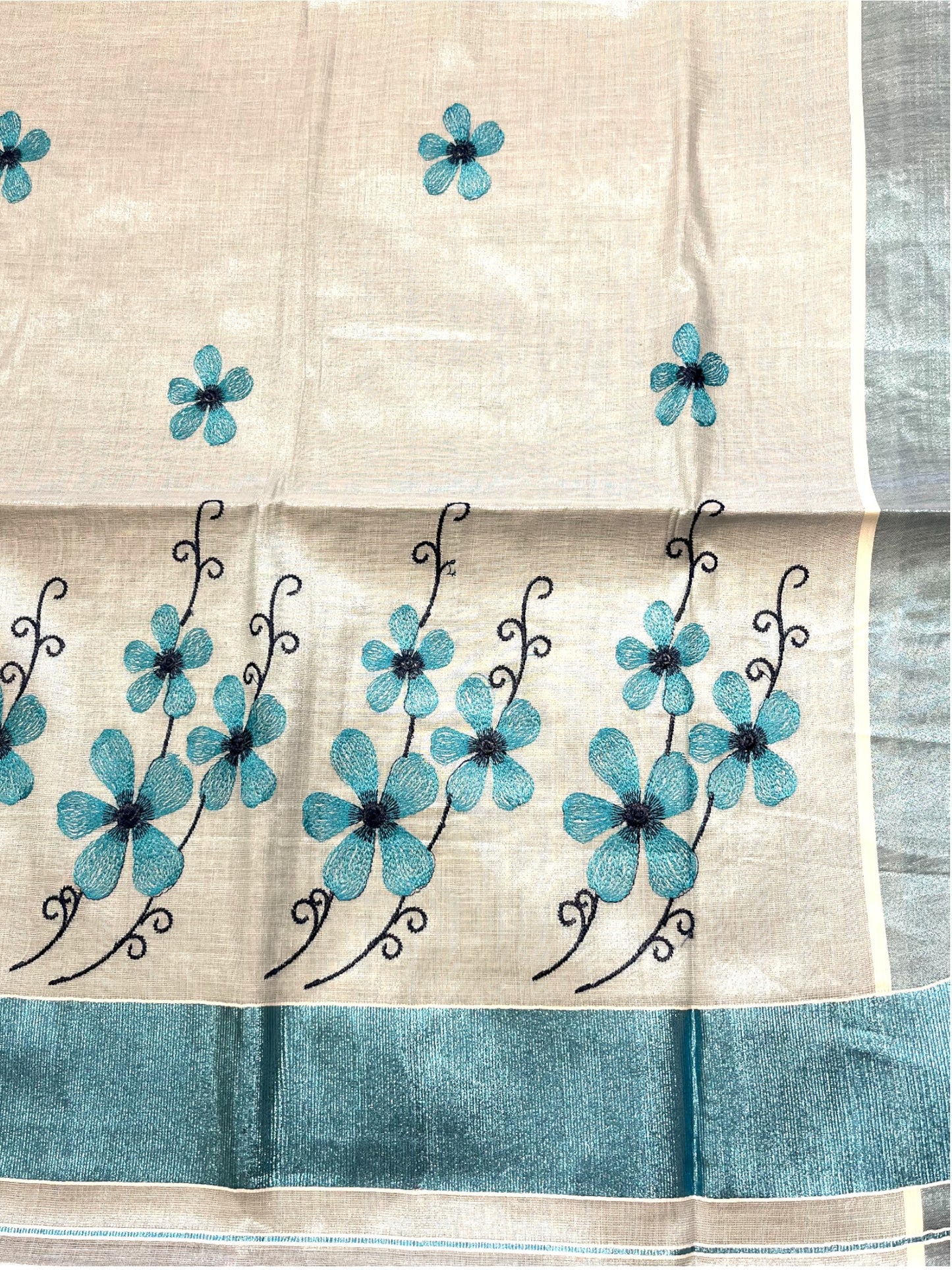 Southloom Kerala Tissue Kasavu Saree with Blue Floral Embroidery on Body and Border