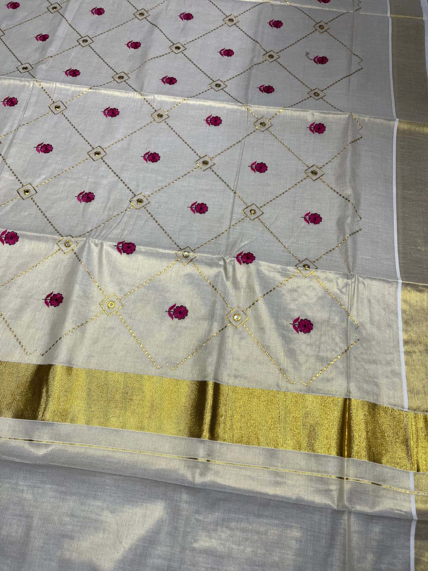 Southloom Tissue Kerala Kasavu Plain Saree with Embroidery Designs on Body