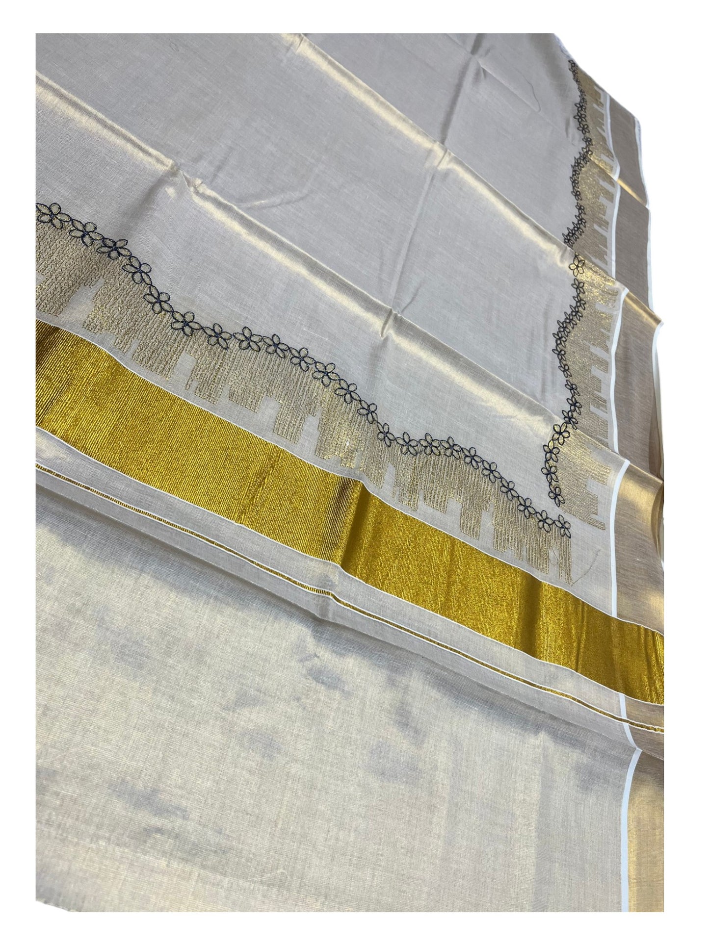 Southloom Tissue Kerala Kasavu Saree with Blue Floral Embroidery Design