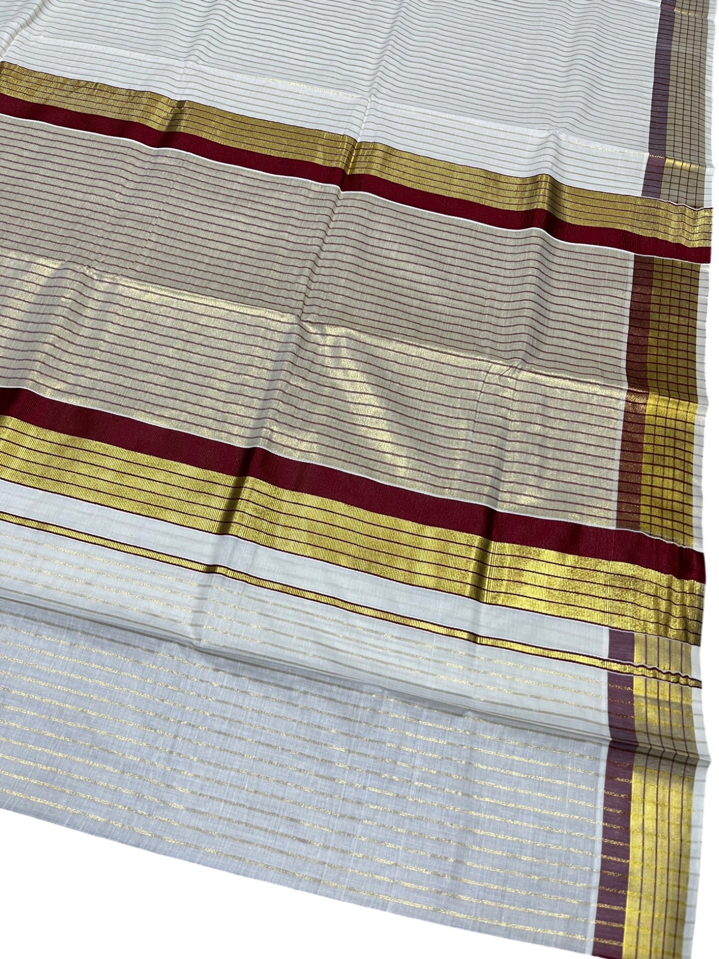 Southloom Kerala Pure Cotton Saree with Stripes on Body and Borders in Maroon