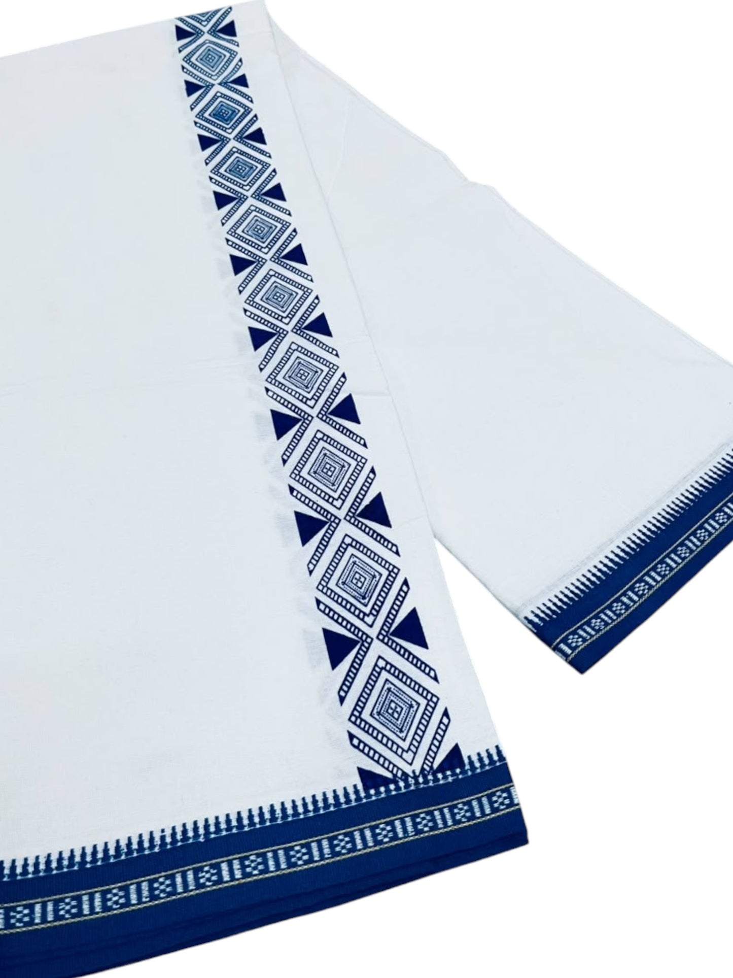 Southloom White Blue Printed Single Mundu / Otta Mundu / Lungi (South Indian Kerala Dhoti)
