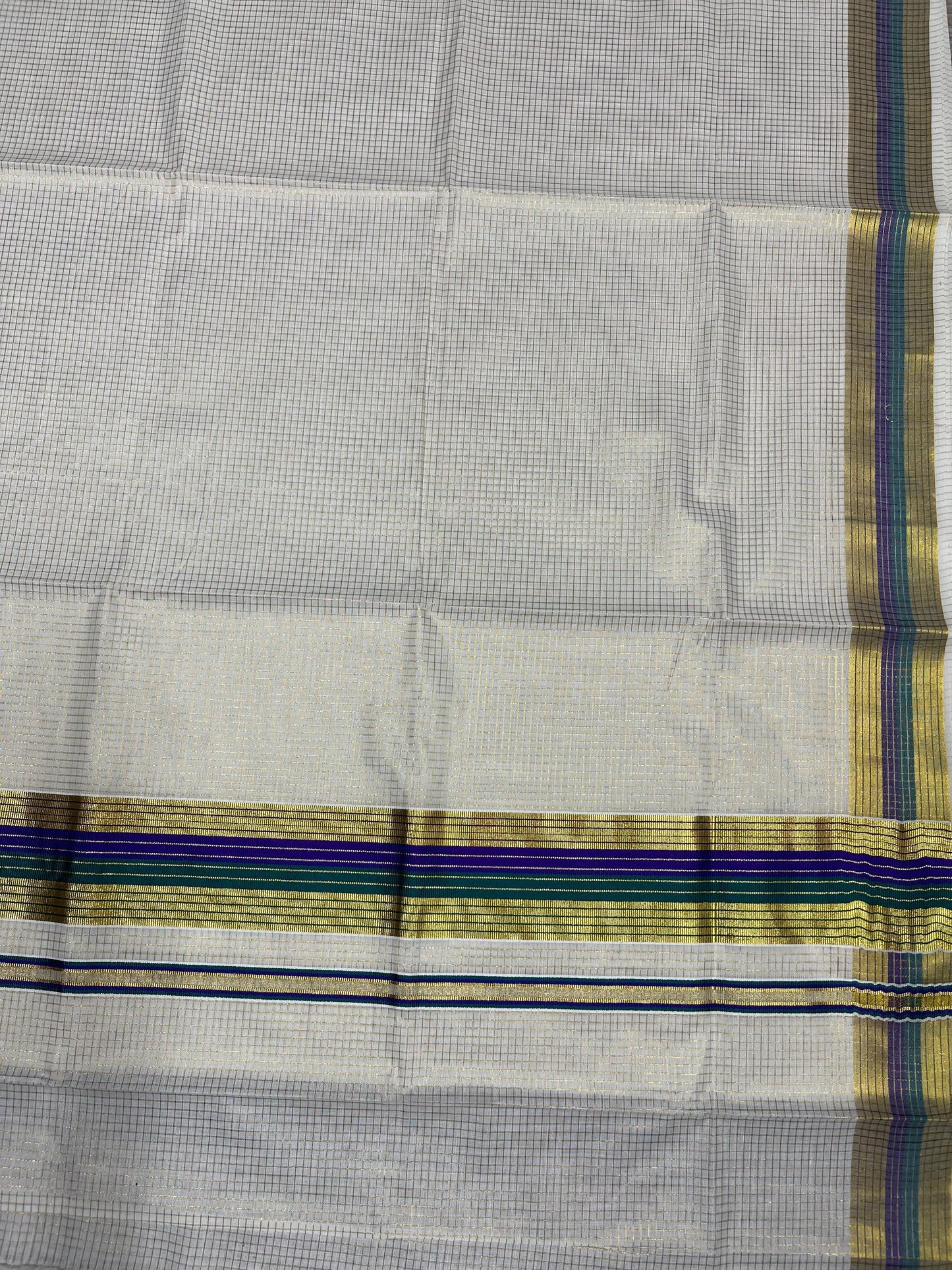 Southloom Kerala Cotton Kasavu Saree with Micro Check Design on Body in Violet & Green Border