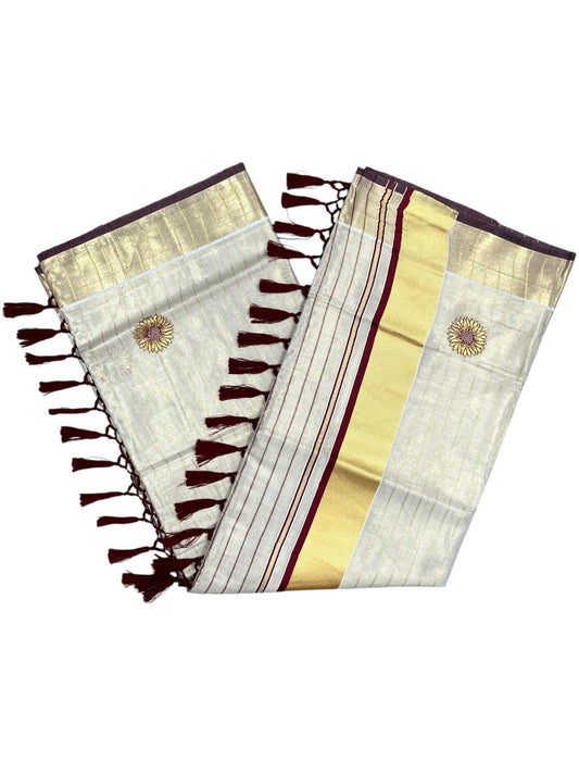 Southloom Kerala Tissue Kasavu Lines Saree with Embroidery Work on Body in Maroon SL315