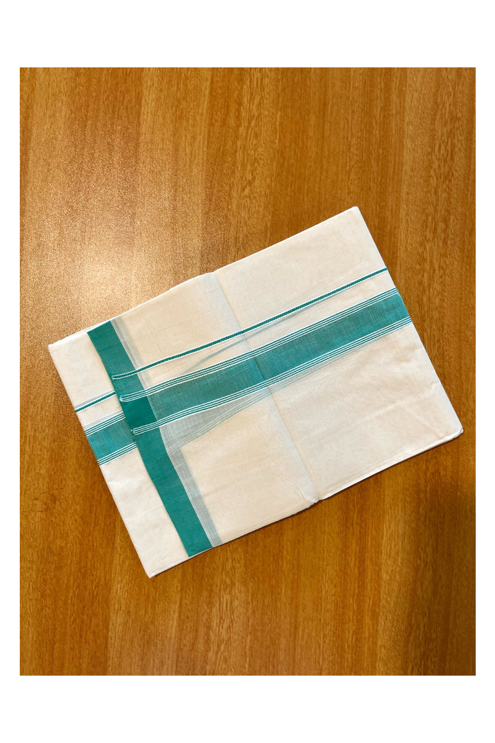 Pure Cotton Kerala Double Mundu with Turquoise Kara (South Indian Kerala Dhoti)