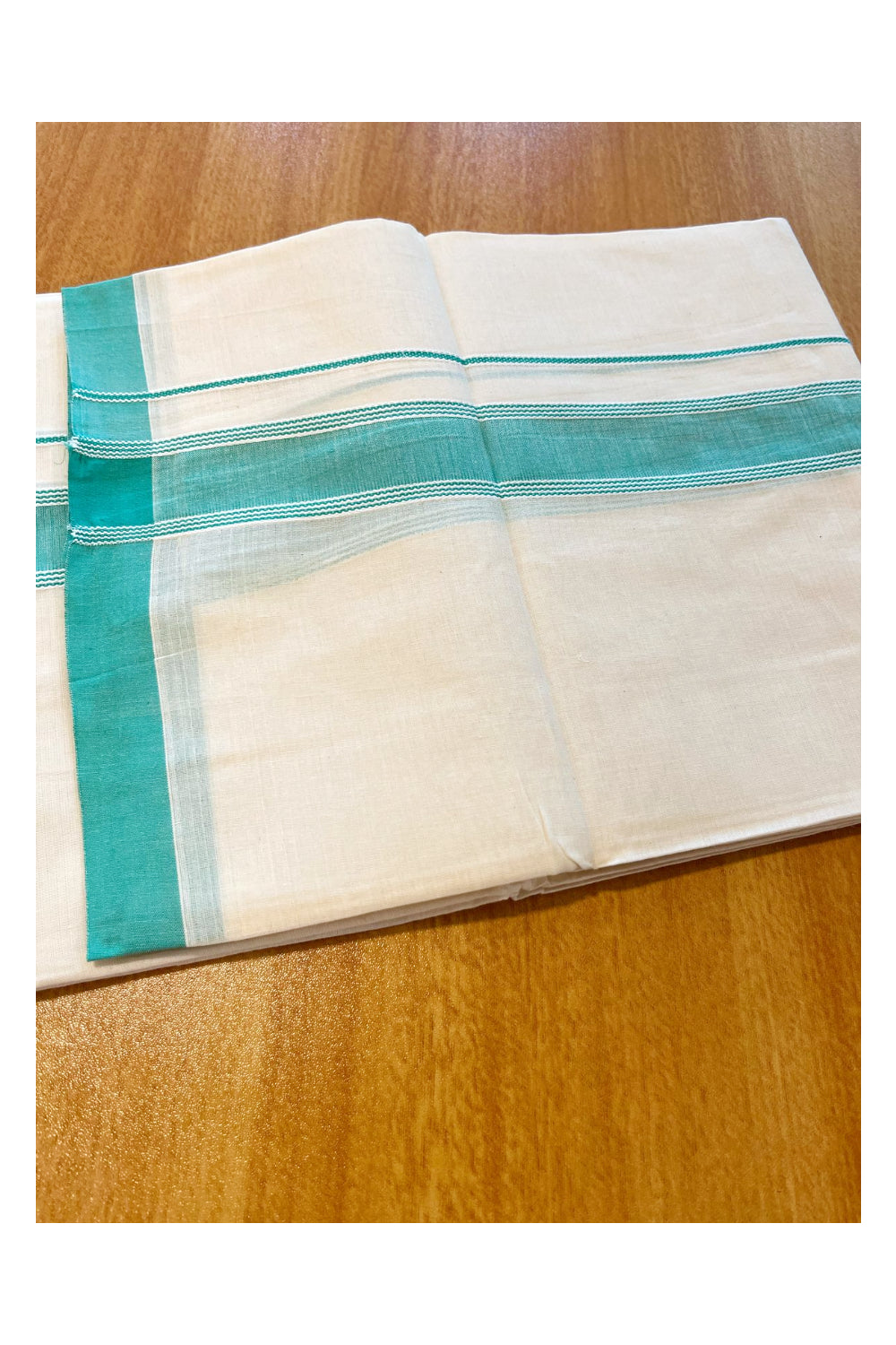 Pure Cotton Kerala Double Mundu with Turquoise Kara (South Indian Kerala Dhoti)