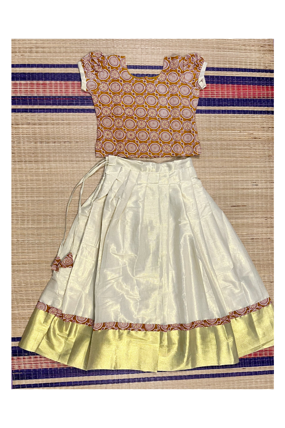 Southloom Kerala Yellow Ajrakh Top and Tissue Pavada with Kasavu Printed Border