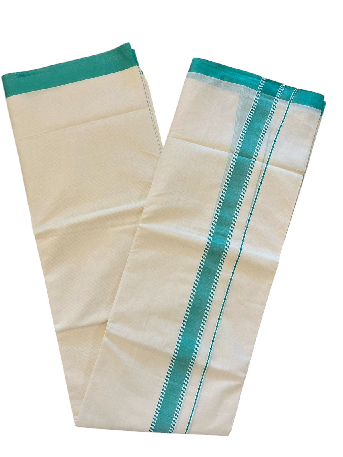 Pure Cotton Kerala Double Mundu with Turquoise Kara (South Indian Kerala Dhoti)