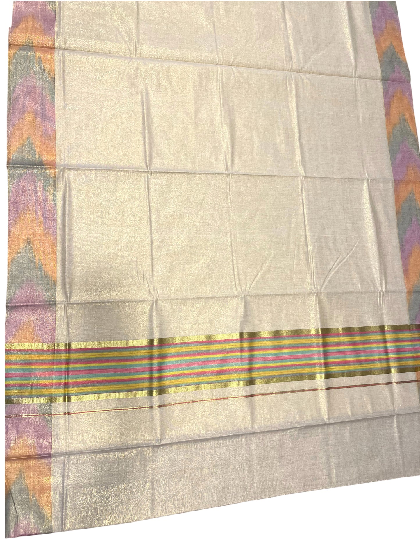 Southloom Kerala Tissue Kasavu Saree with Multi Colour Pochampally Design on Borders and Kara