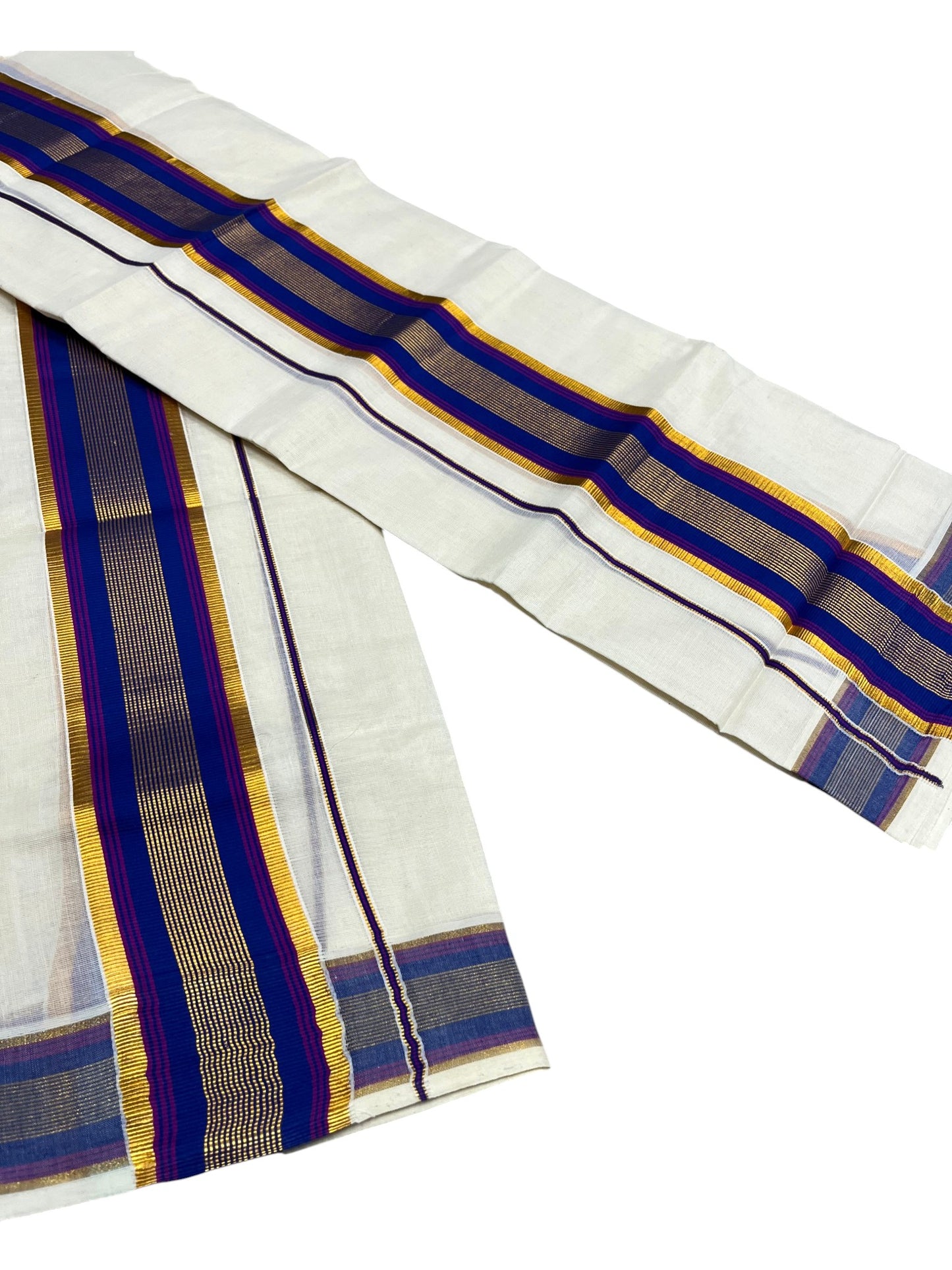 Kerala Cotton Set Mundu (Mundum Neriyathum) with Kasavu and Blue Border in 2.80 Mtrs SLKK SL470