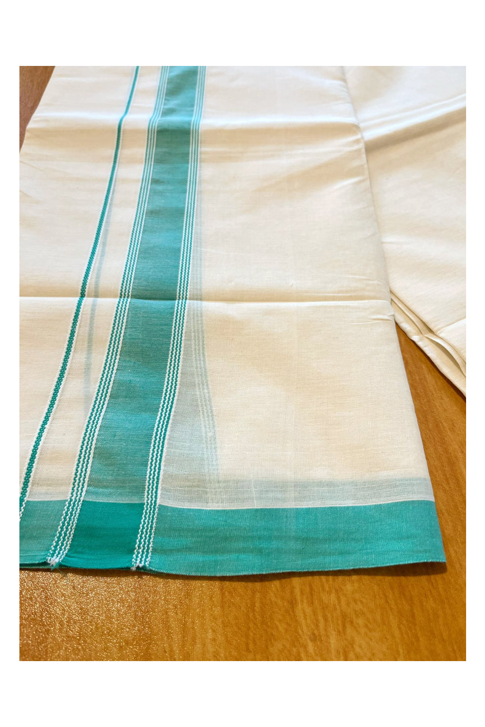 Pure Cotton Kerala Double Mundu with Turquoise Kara (South Indian Kerala Dhoti)