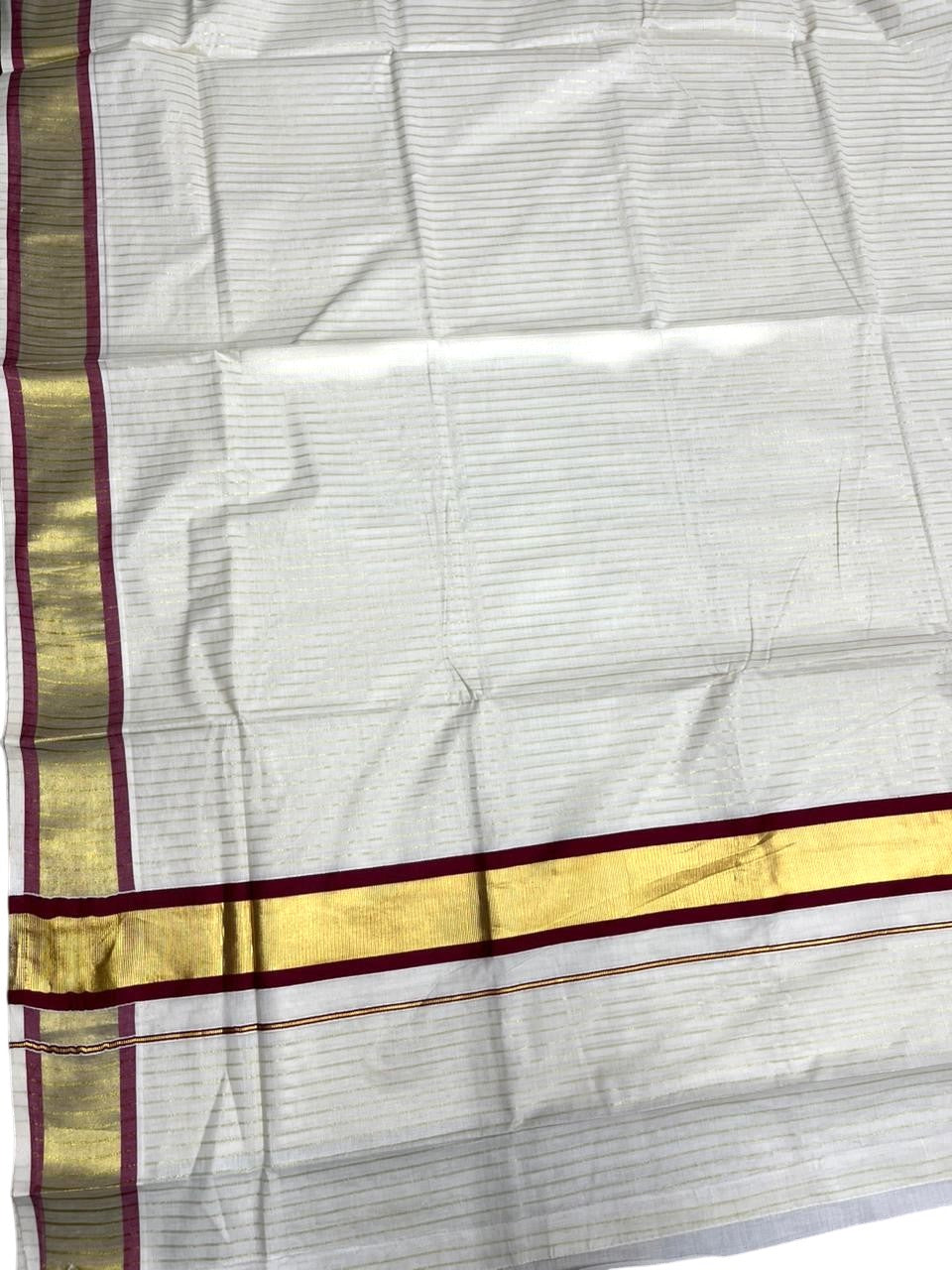 Southloom Pure Cotton Kerala Saree with Gold Kasavu Lines Across Body and Maroon Border