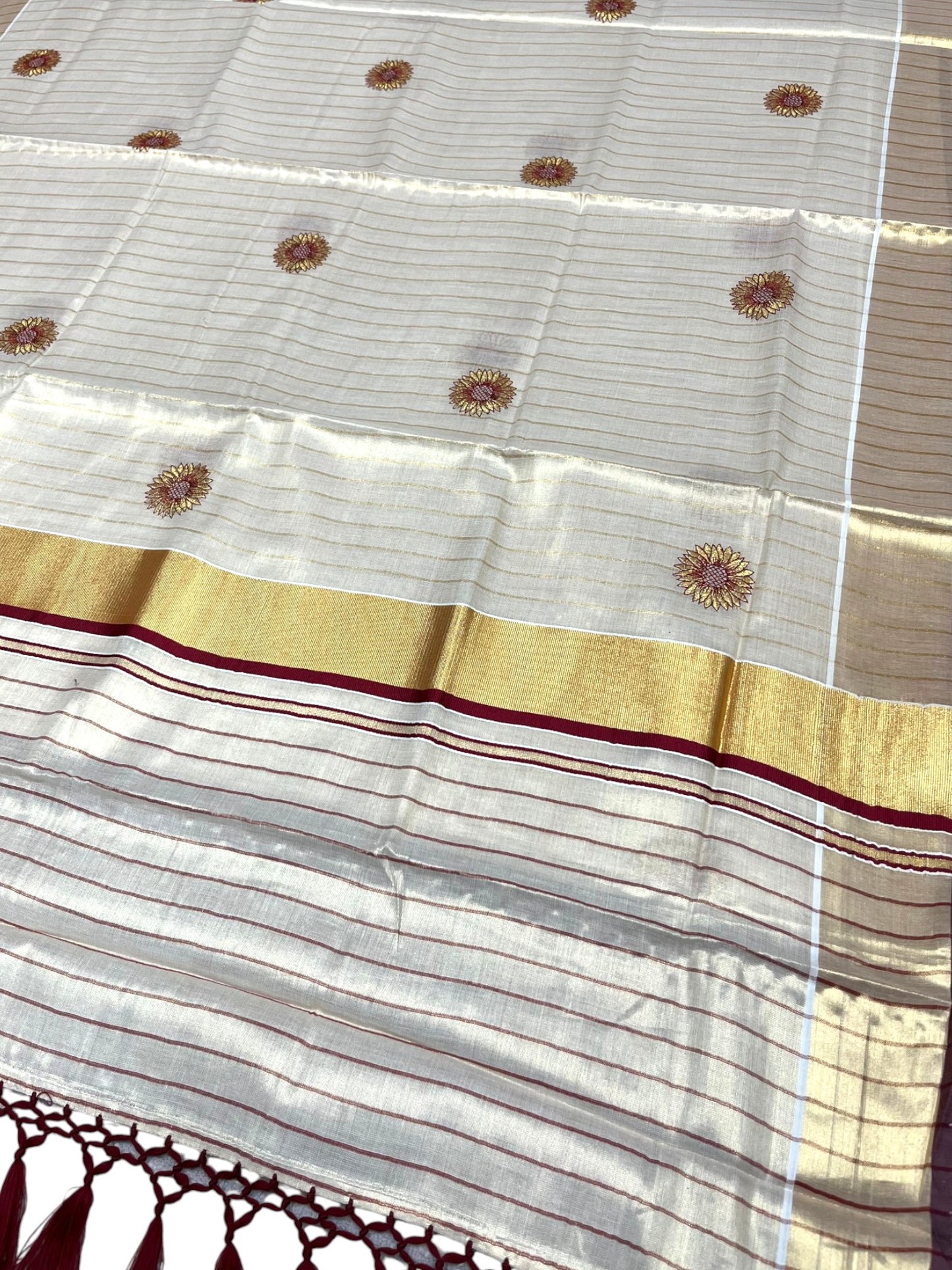 Southloom Kerala Tissue Kasavu Lines Saree with Embroidery Work on Body in Maroon SL315