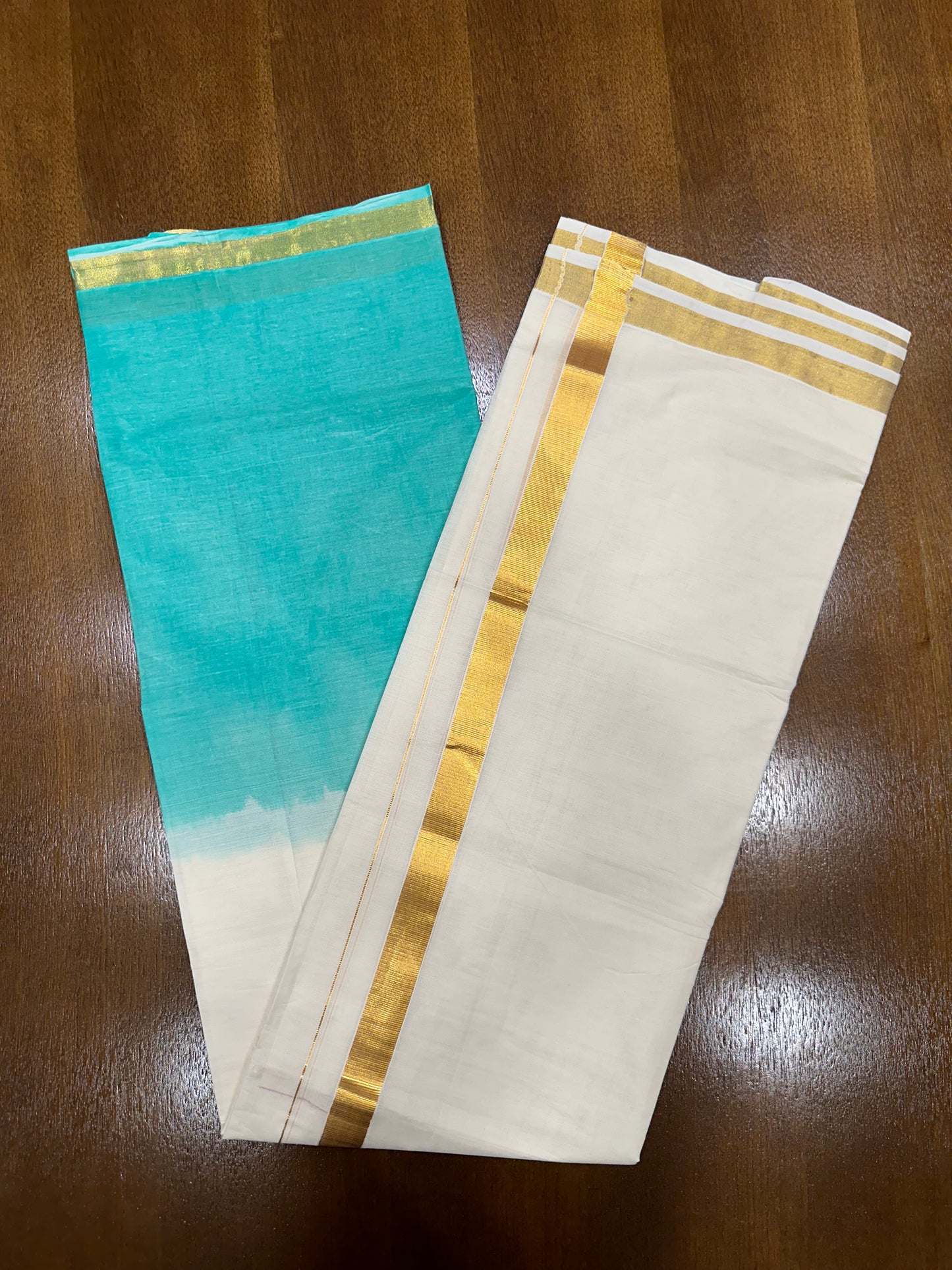 Southloom Tie & Dye - Half & Half Multi Colour Turquoise Design Cotton Kerala Double Mundu with Kasavu Border (South Indian Kerala Dhoti)