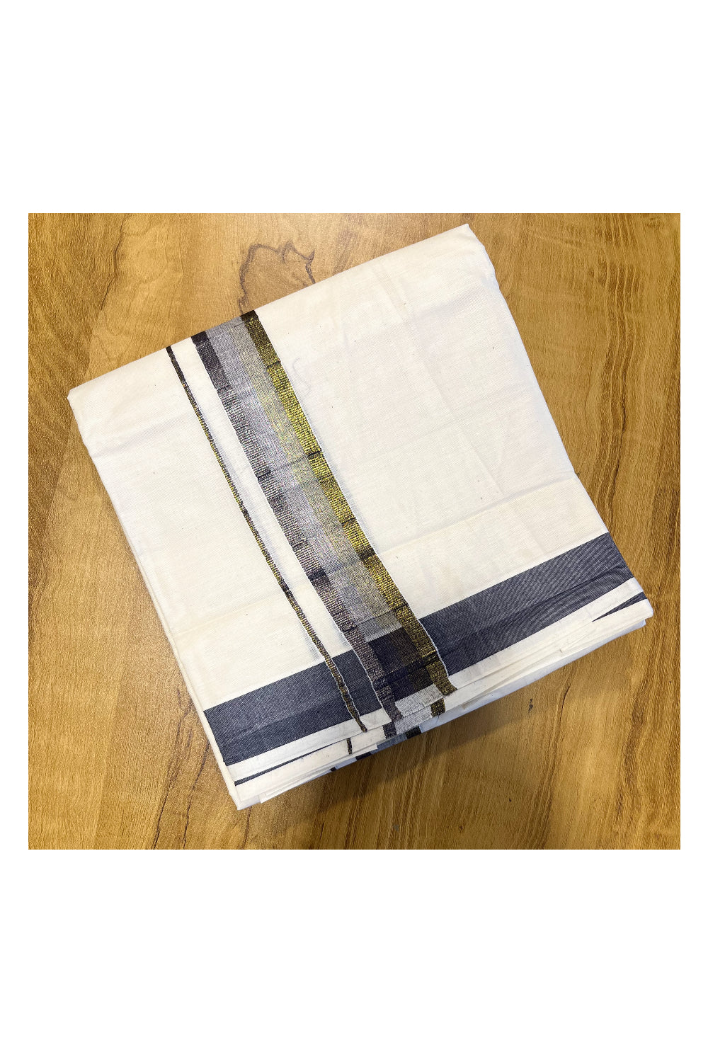 Pure Cotton Mundu with Gold Lines and Grey Kasavu Border (South Indian Kerala Dhoti)