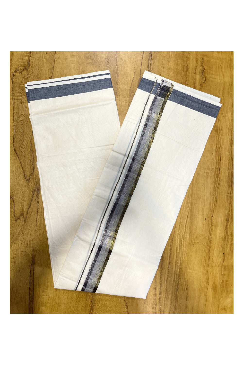 Pure Cotton Mundu with Gold Lines and Grey Kasavu Border (South Indian Kerala Dhoti)
