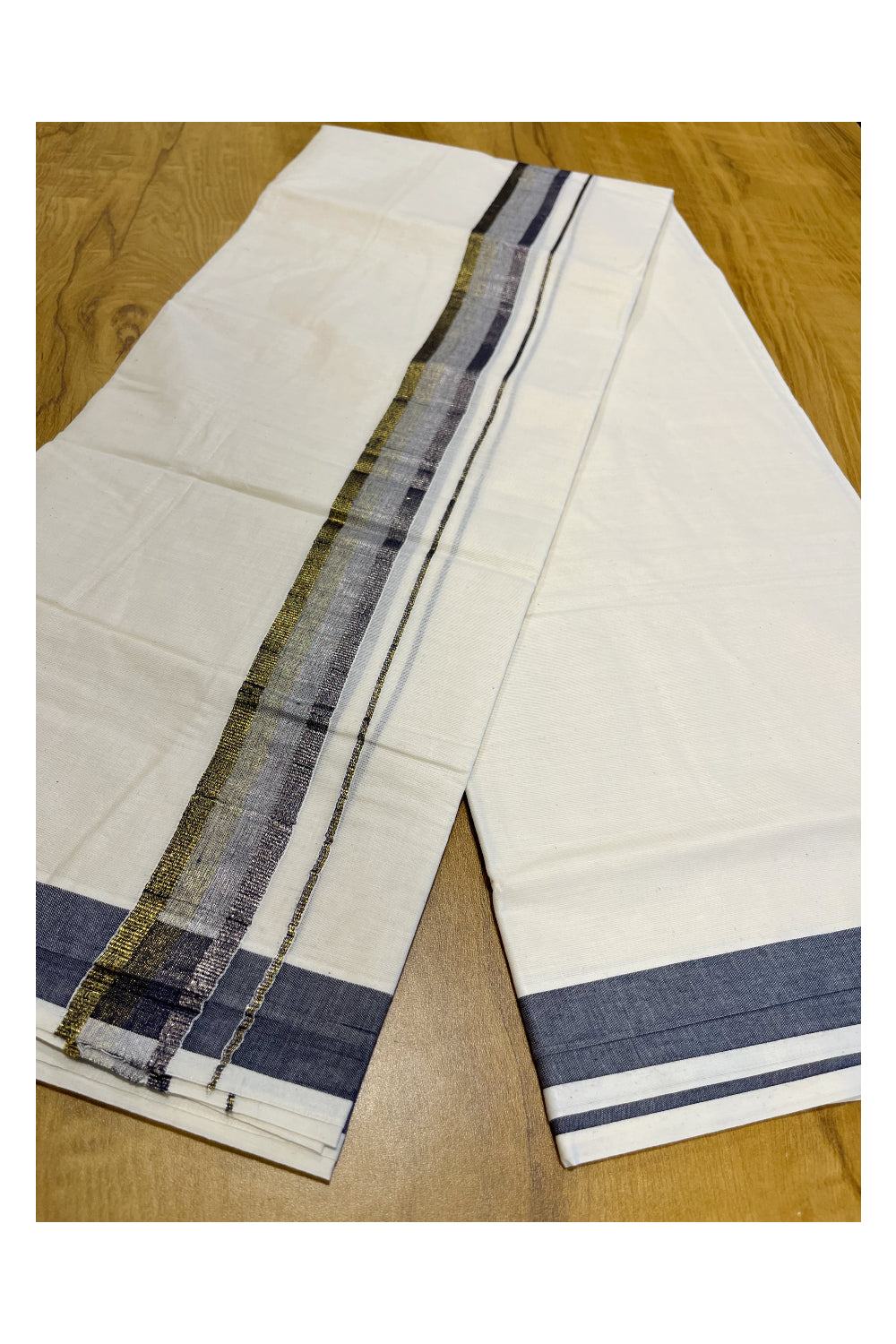 Pure Cotton Mundu with Gold Lines and Grey Kasavu Border (South Indian Kerala Dhoti)