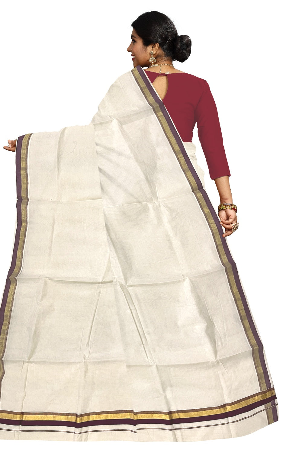 Pure Cotton Kerala Plain Saree with Kasavu and Purple Border