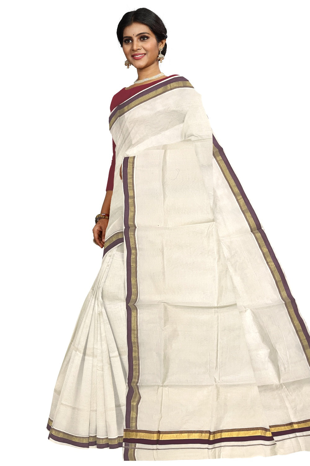 Pure Cotton Kerala Plain Saree with Kasavu and Purple Border