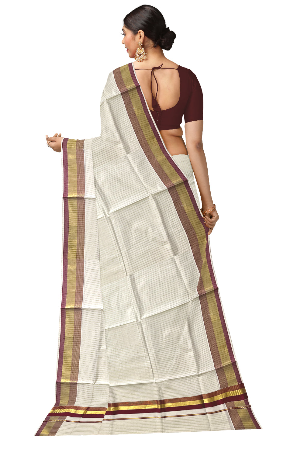 Pure Cotton Kerala Kasavu Lines Design Saree with Maroon Border