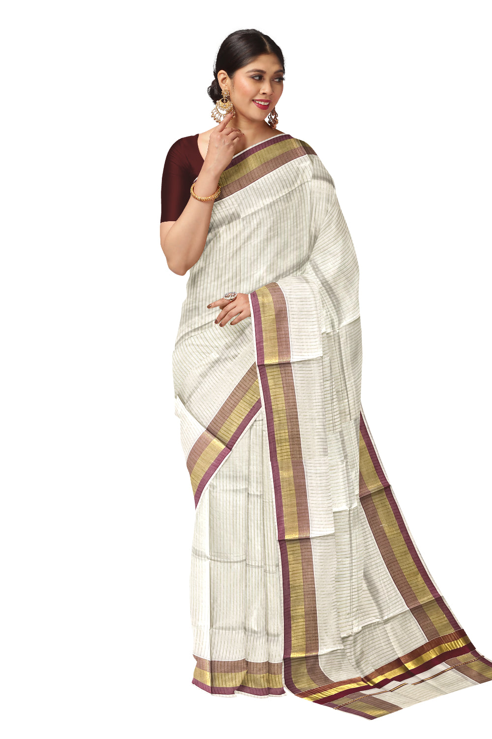 Pure Cotton Kerala Kasavu Lines Design Saree with Maroon Border