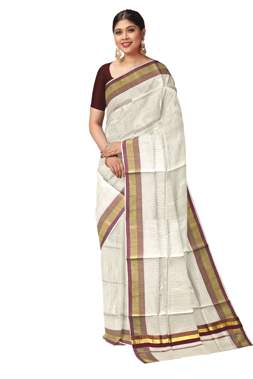 Pure Cotton Kerala Kasavu Lines Design Saree with Maroon Border