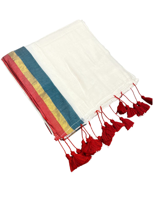 Southloom Mul Cotton 120 x 120 Soft Fabric Onam Saree in Green, Gold, Red in Broder