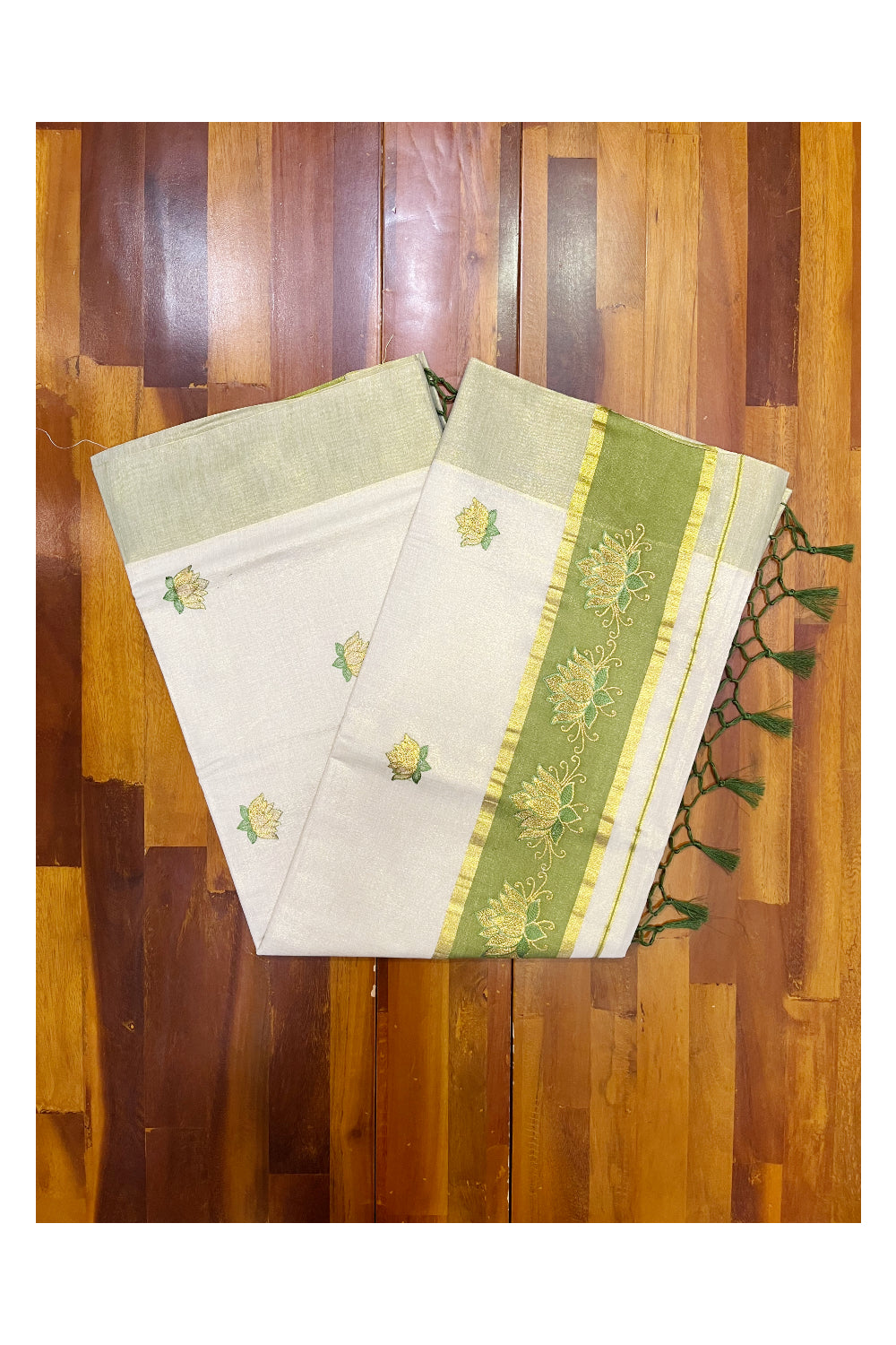 Southloom Kerala Tissue Kasavu Saree with Olive Green And Golden Lotus Embroidary Designs on Body
