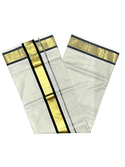 Southloom Pure Cotton Kerala Saree with Gold Kasavu Lines Across Body and Black Border